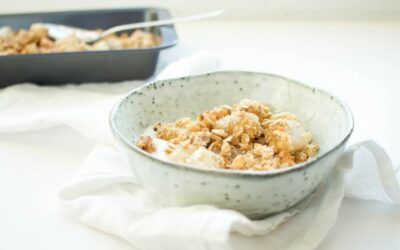 Gezond perendessert met kaneel & amandelcrumble