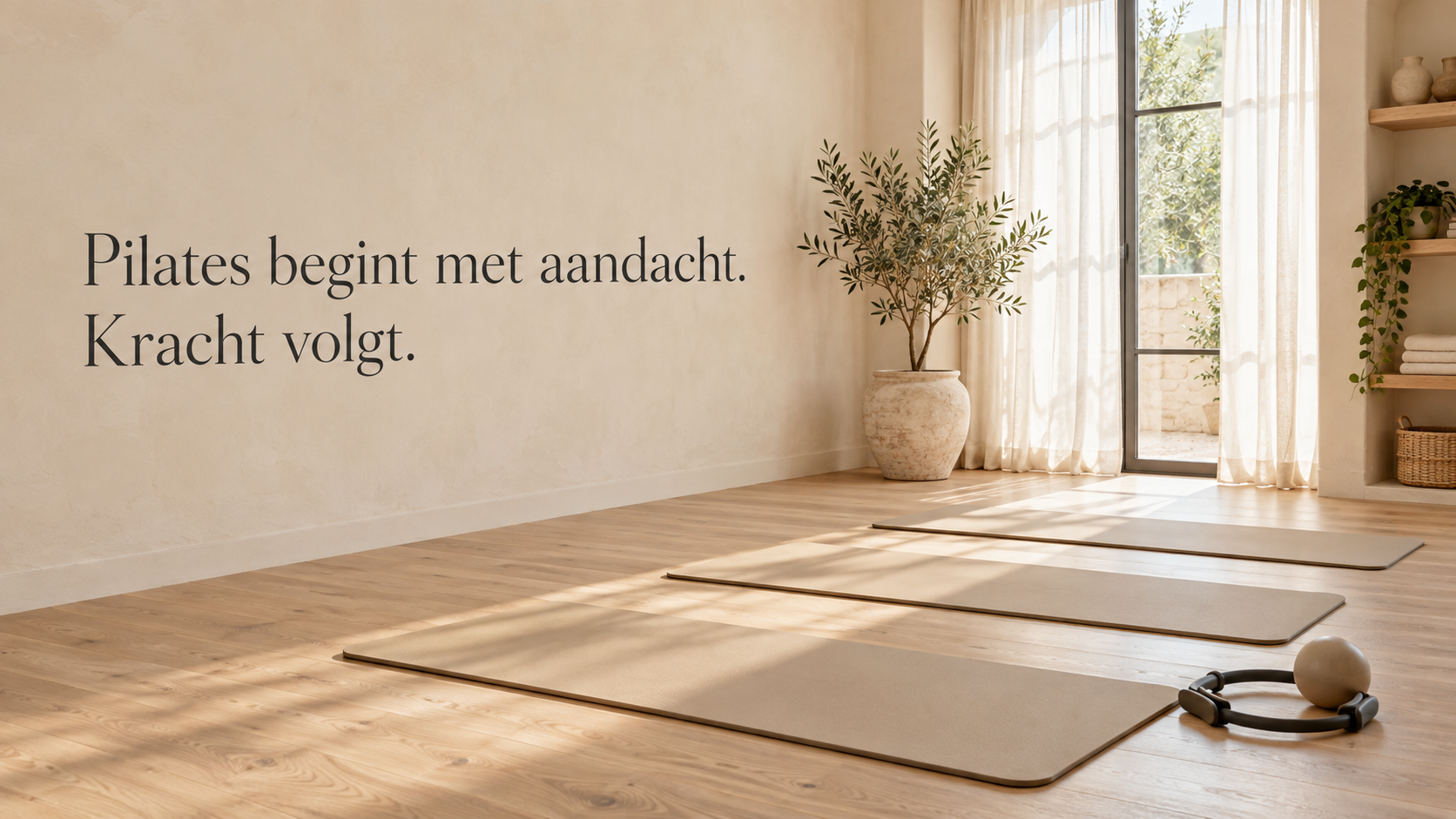 Rustige boho-pilatesstudio in zacht daglicht