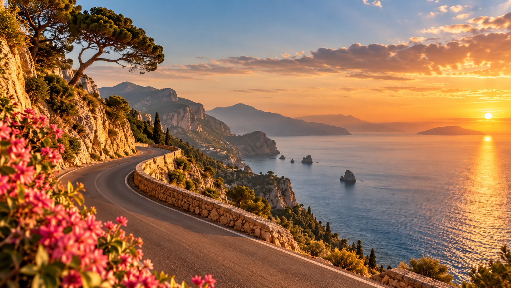 Zonsondergang langs de mediterrane kustweg